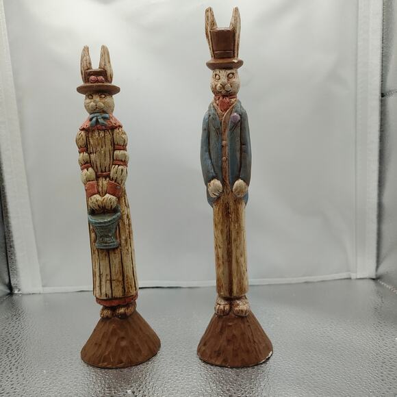 Ceramic Easter Bunny Figurines Hand Painted Rustic Male & Female Home Decor - Picture 12 of 12